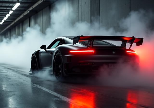 Car in wind tunnel showing carbon fiber aerodynamic components