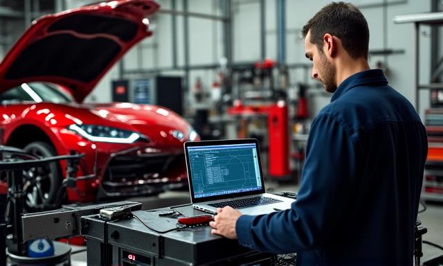 High-precision engine tuning in a dark professional workshop